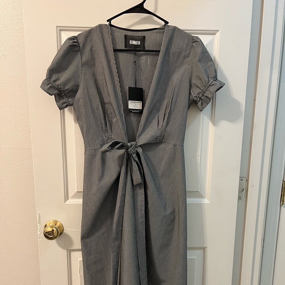 Reformation Wrap Dress. Gray pinstriped. New with tags. Upcycled material.
